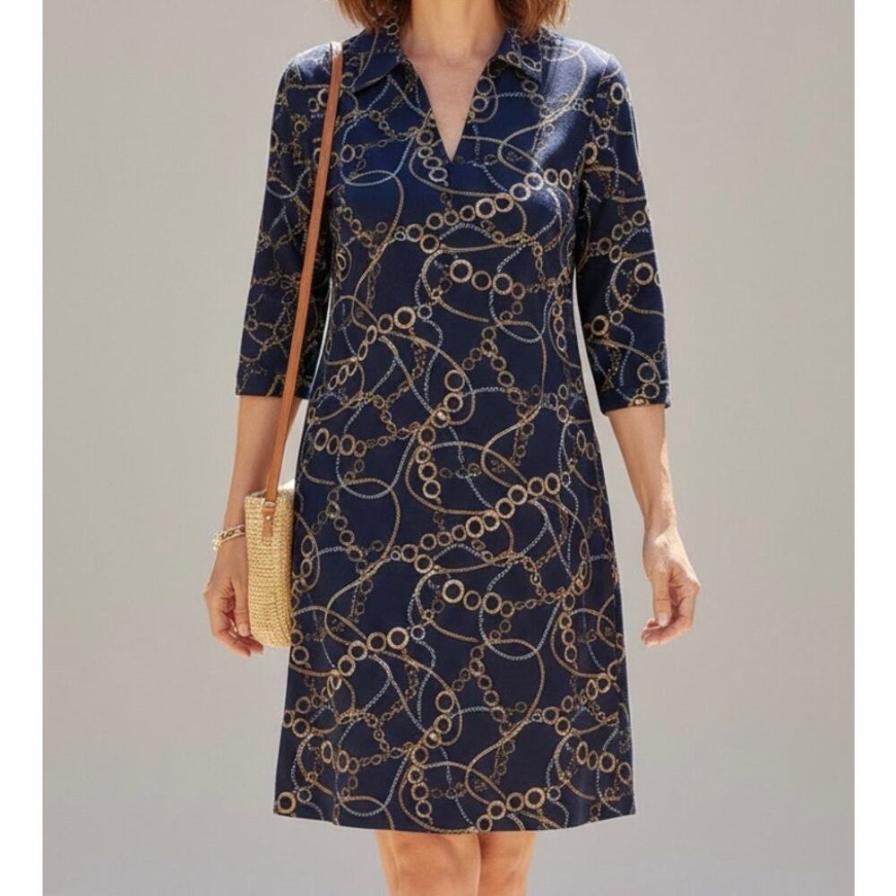 J McLaughlin Women’s Gold Chain Link Shift Dress 4 Nautical Coastal Classic